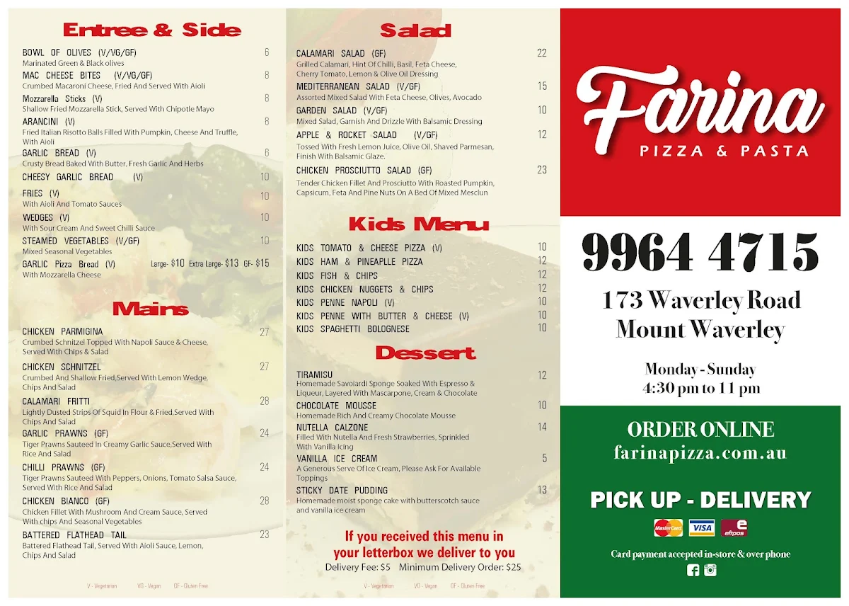 Menu, Farina Pizza & Pasta
