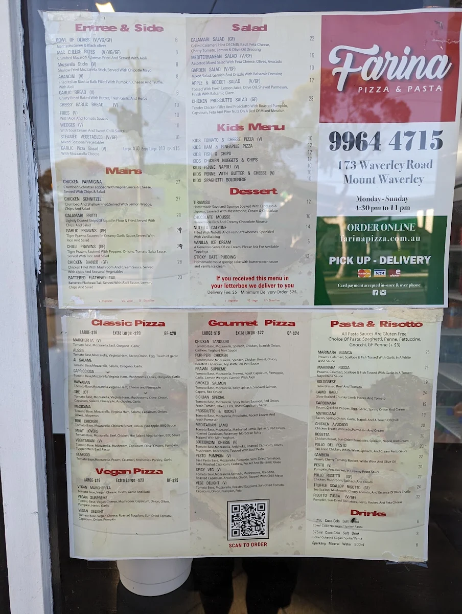 Menu, Farina Pizza & Pasta