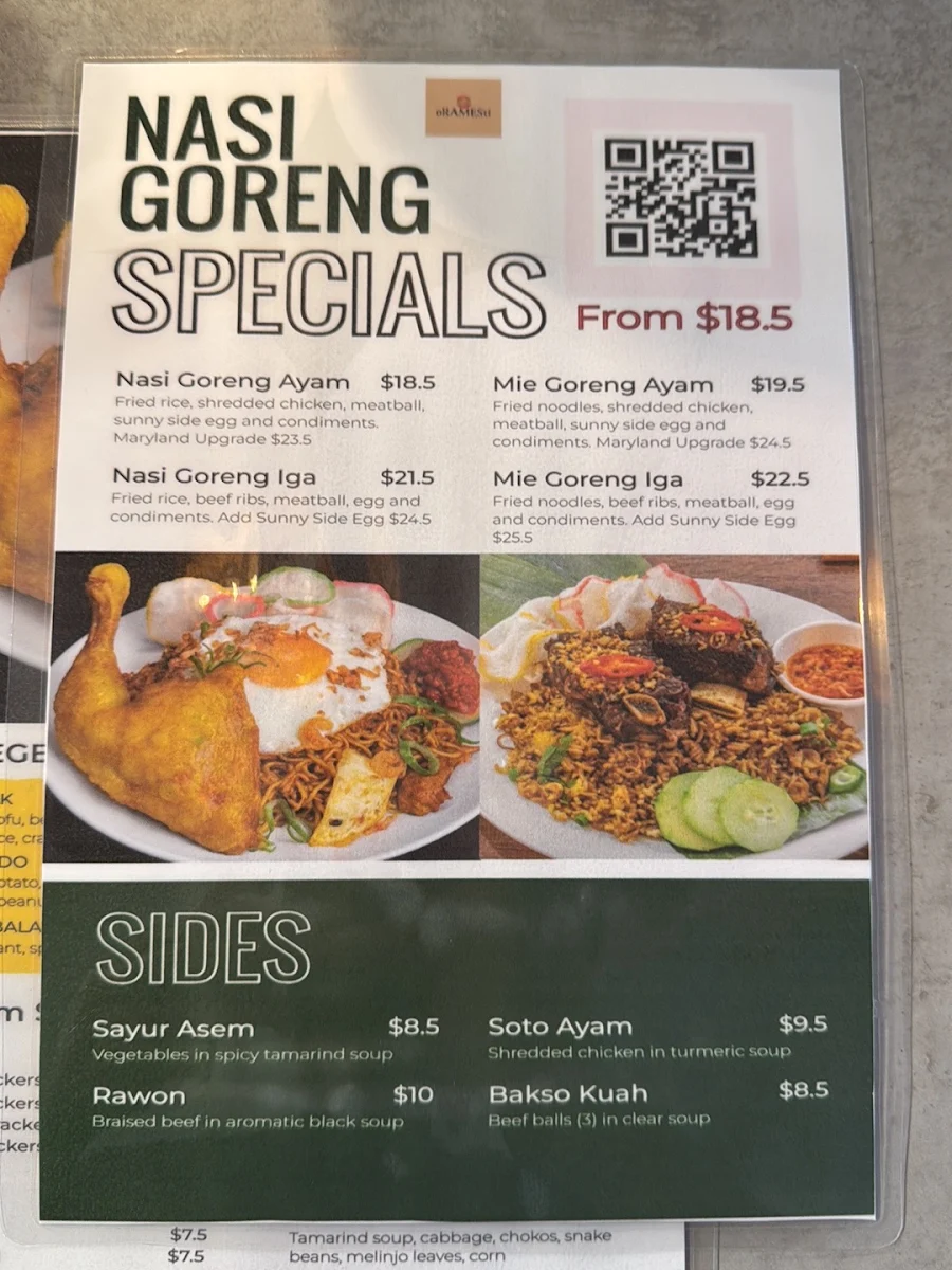 Menu, Oramesti Indonesian Eatery