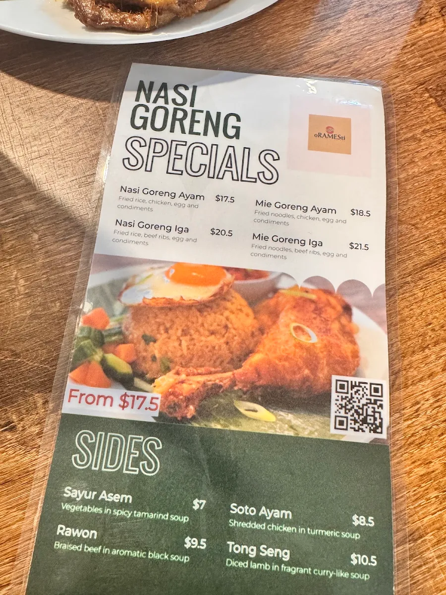 Menu, Oramesti Indonesian Eatery