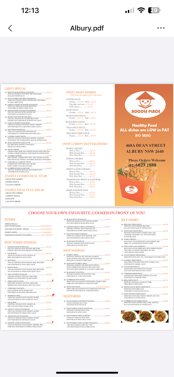 Menu, Noodle Place