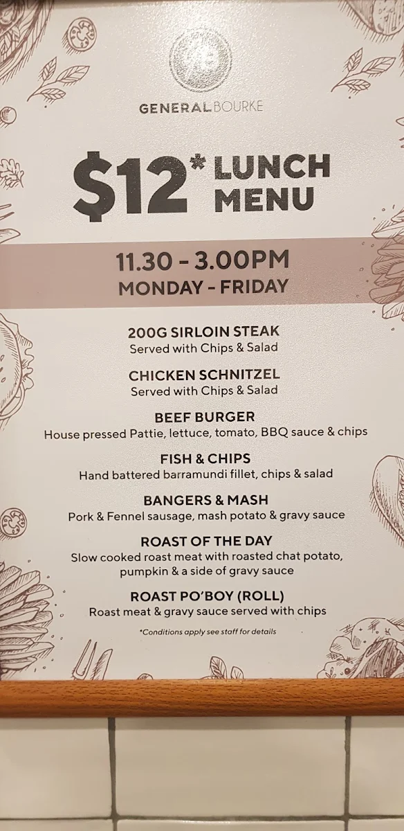 Menu, General Bourke