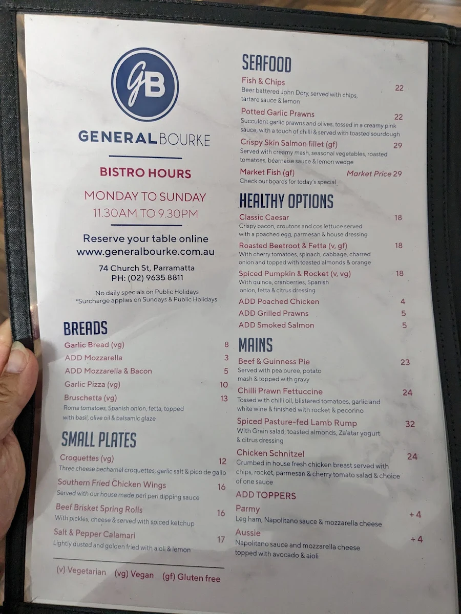 Menu, General Bourke
