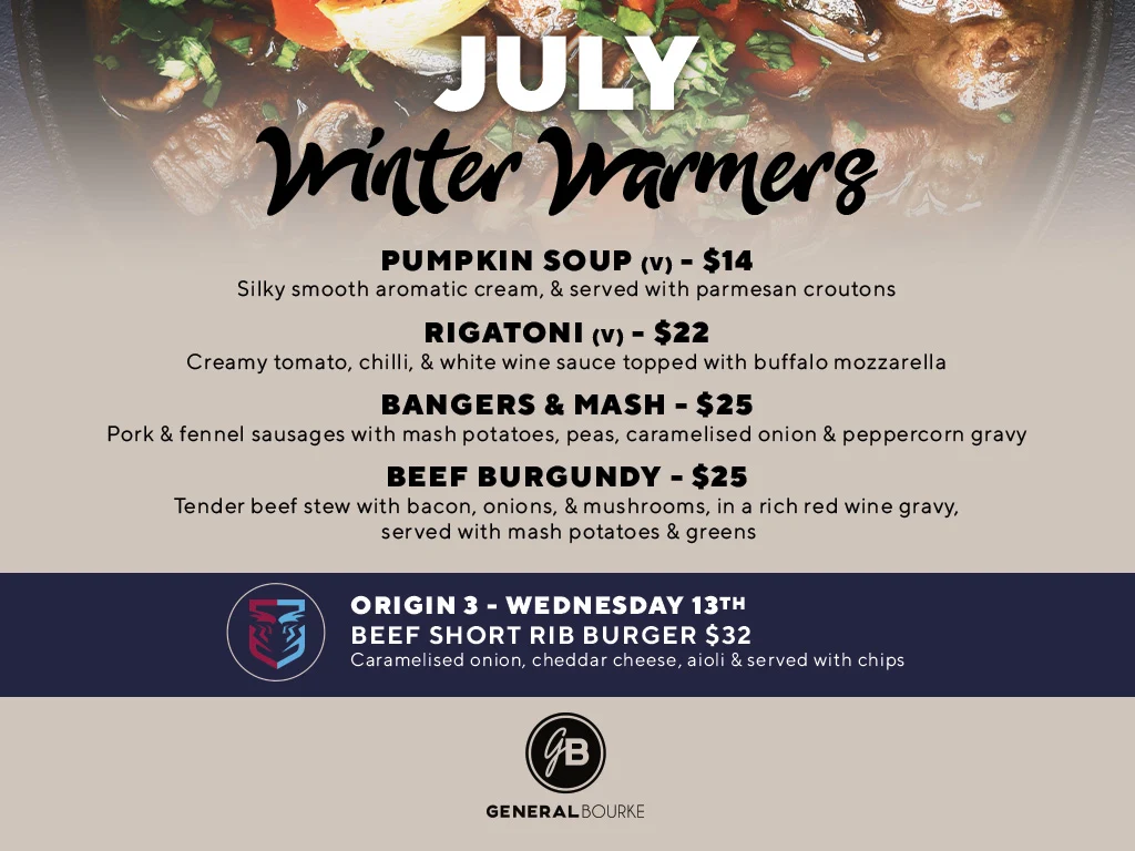 Menu, General Bourke