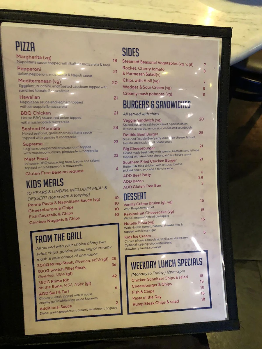 Menu, General Bourke