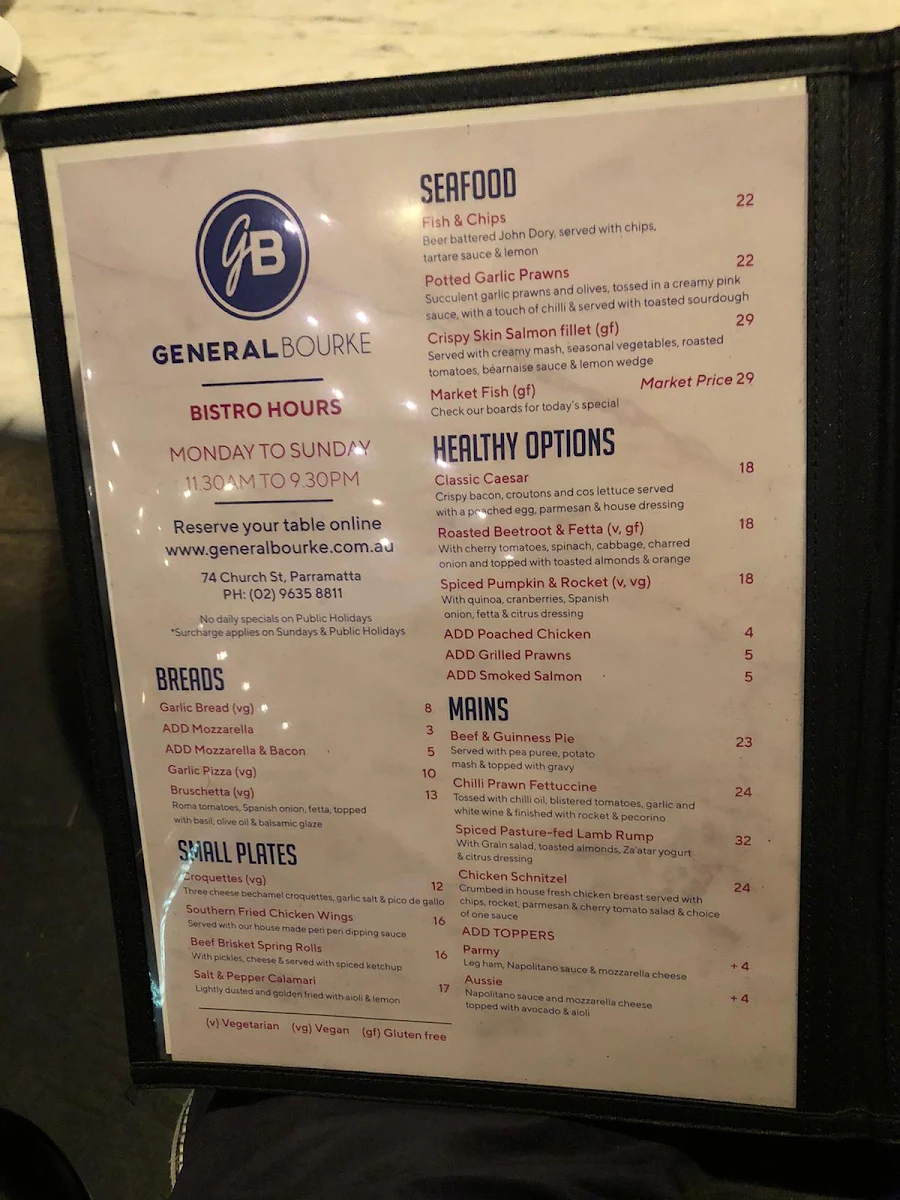 Menu, General Bourke