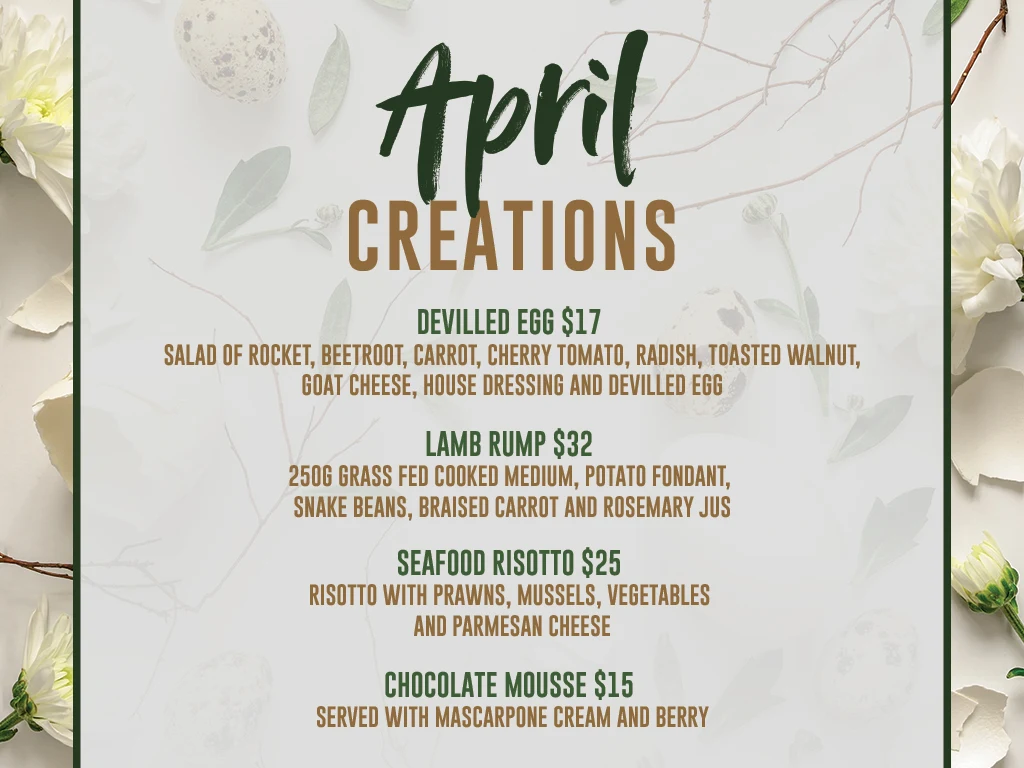 Menu, General Bourke