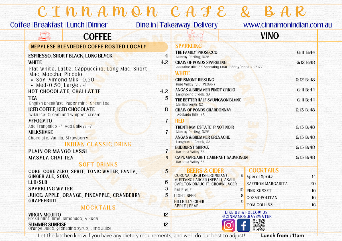 Menu, Cinnamon Indian Nepalese Restaurant & Bar