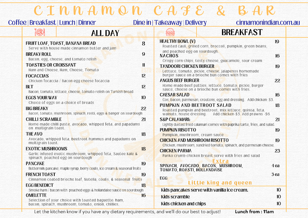 Menu, Cinnamon Indian Nepalese Restaurant & Bar