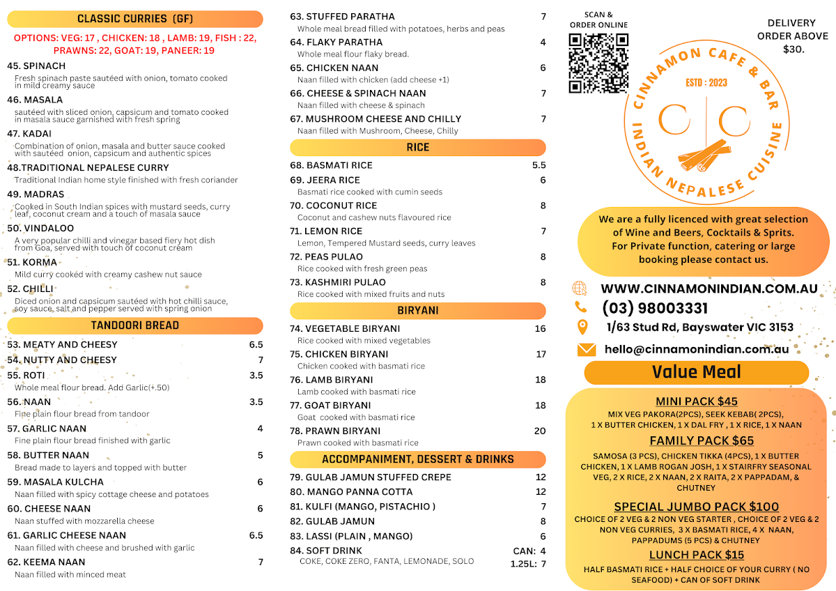 Menu, Cinnamon Indian Nepalese Restaurant & Bar