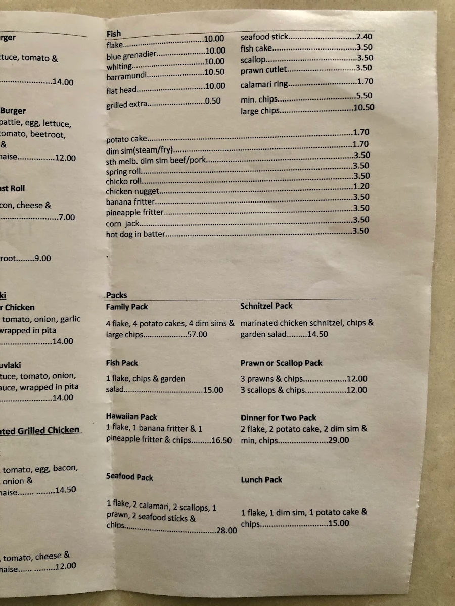 Menu, East End Fish & Chippery