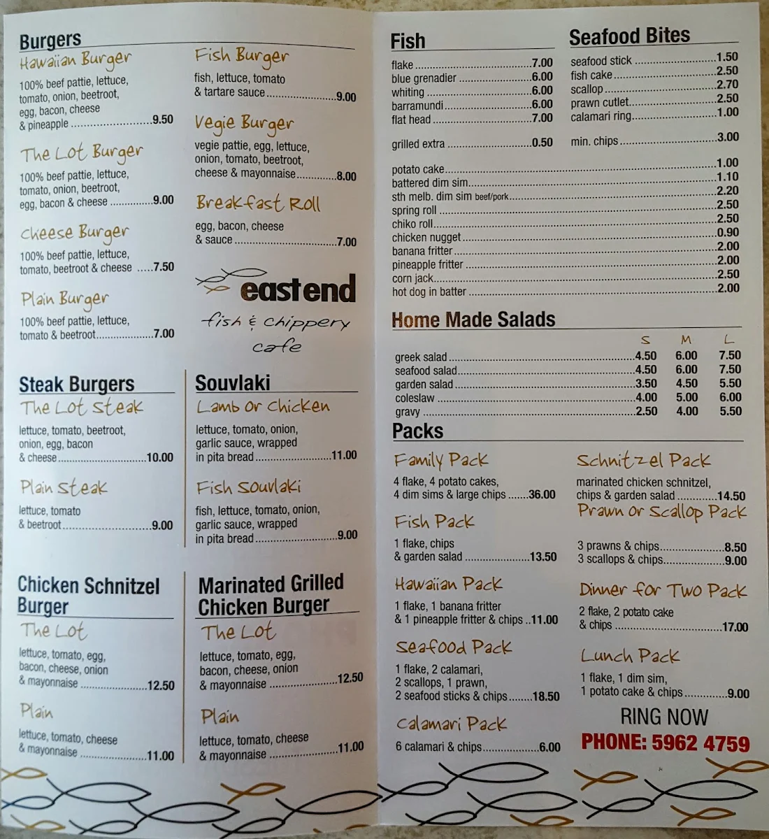 Menu, East End Fish & Chippery