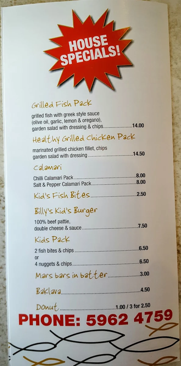 Menu, East End Fish & Chippery
