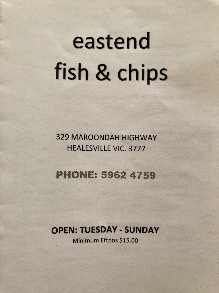 Menu, East End Fish & Chippery
