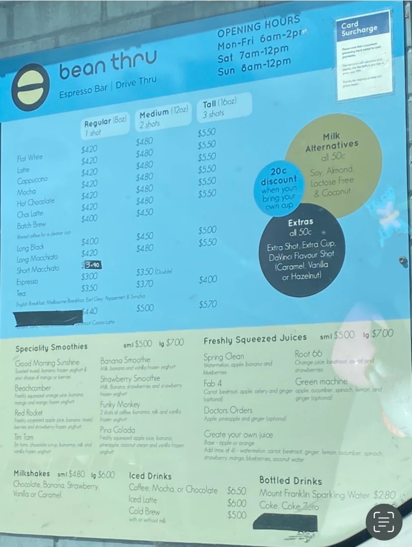 Menu, Bean Thru