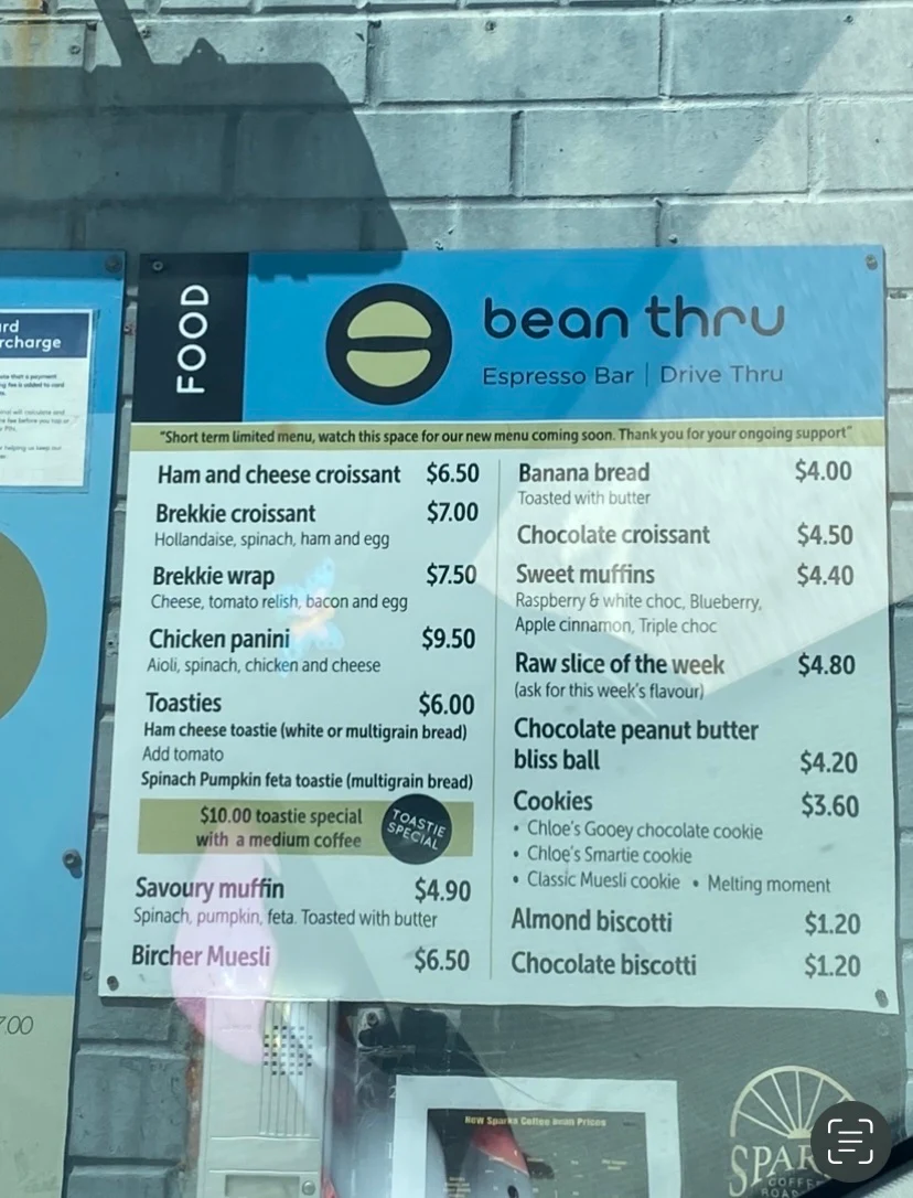 Menu, Bean Thru