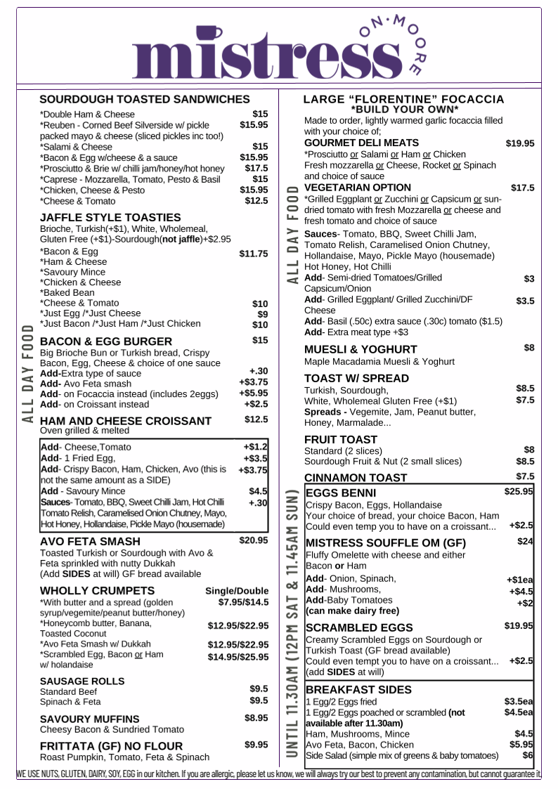 Menu, Mistress On Moore