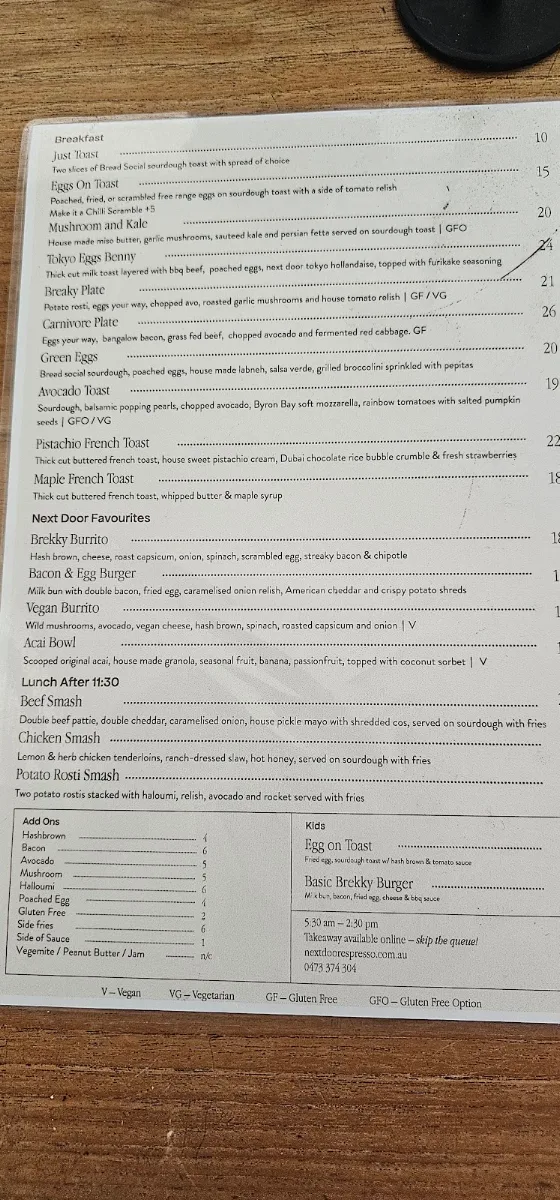 Menu, Next Door Espresso