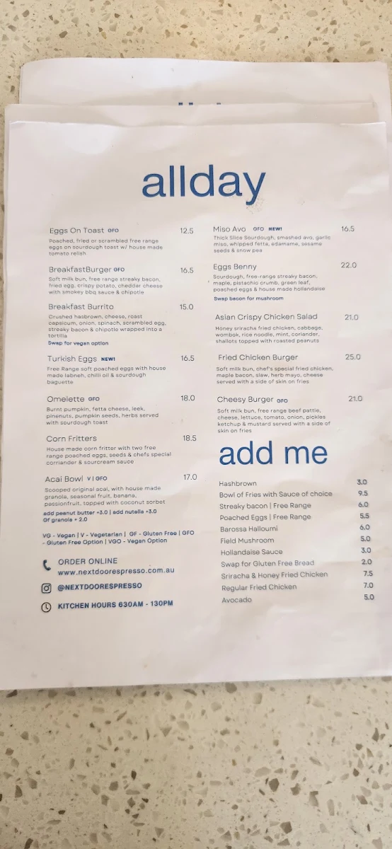 Menu, Next Door Espresso