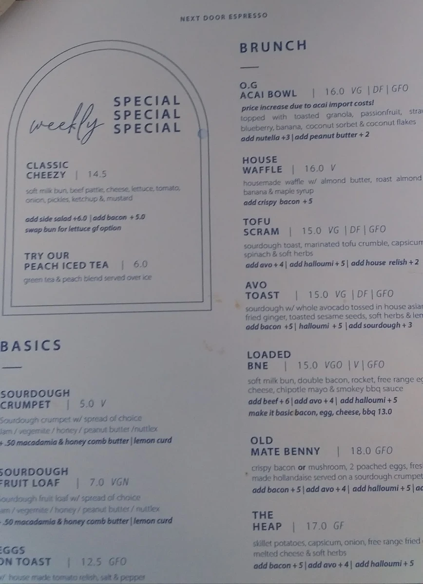 Menu, Next Door Espresso