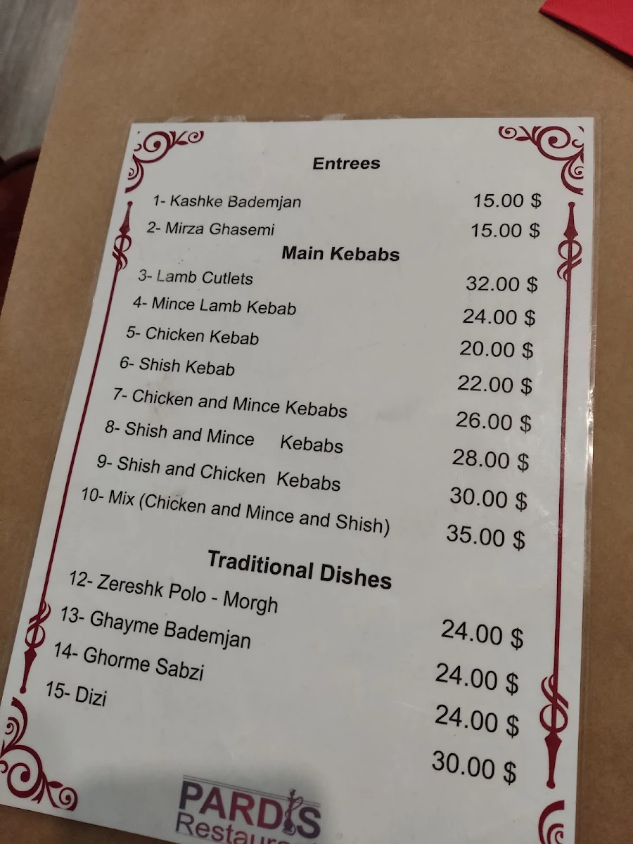 Menu, Pardis Restaurant- Persian Cuisine