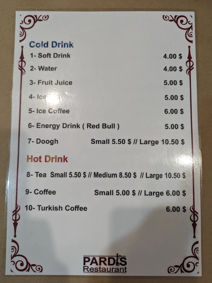Menu, Pardis Restaurant- Persian Cuisine