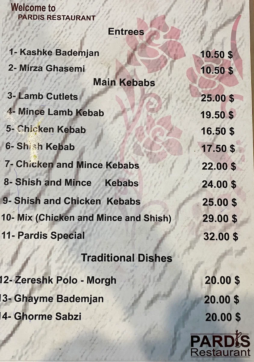 Menu, Pardis Restaurant- Persian Cuisine