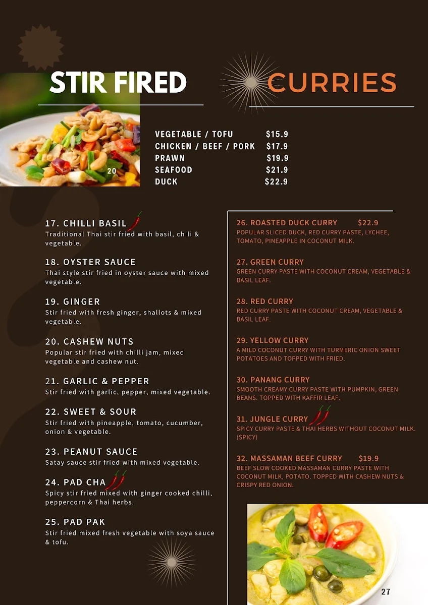 Menu, Charm 9 Thai restaurant
