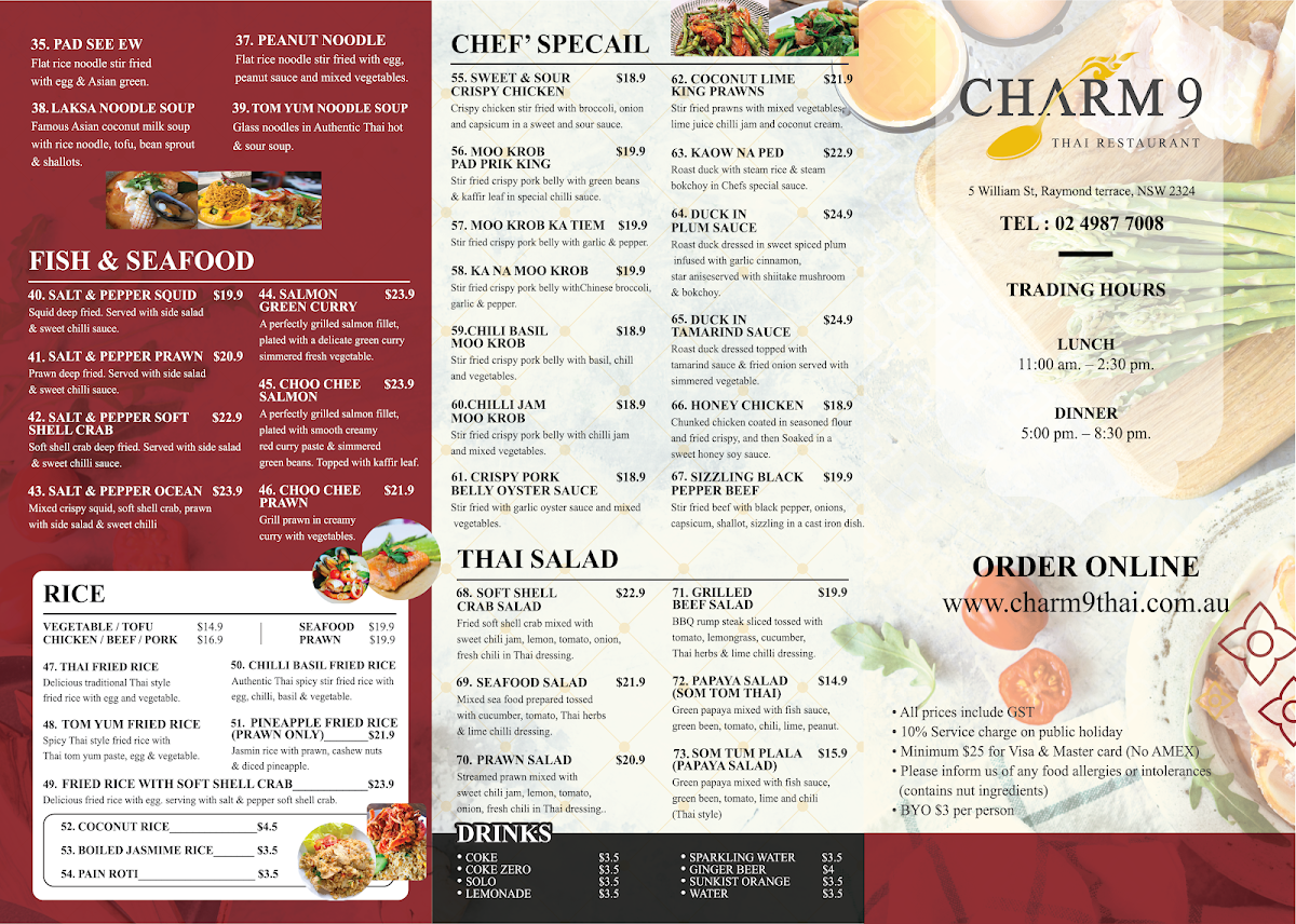 Menu, Charm 9 Thai restaurant