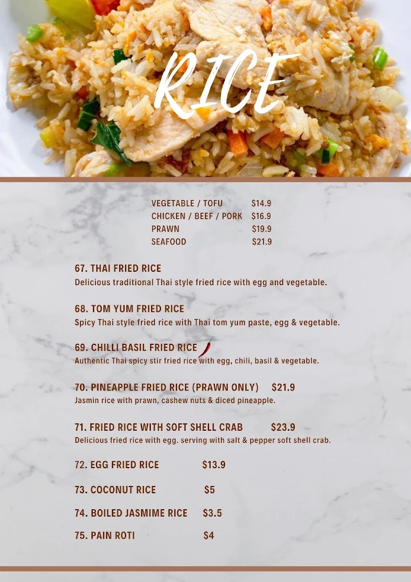 Menu, Charm 9 Thai restaurant