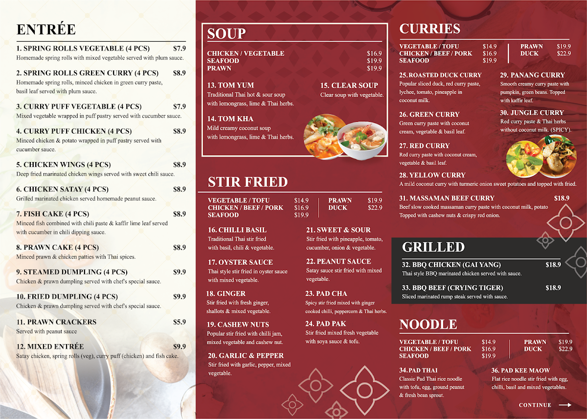 Menu, Charm 9 Thai restaurant