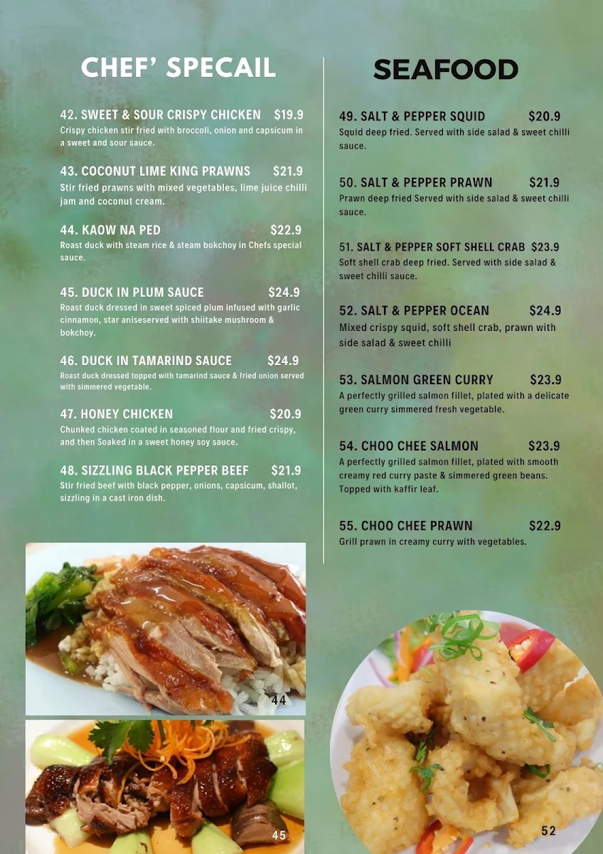 Menu, Charm 9 Thai restaurant