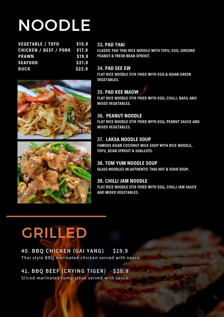 Menu, Charm 9 Thai restaurant