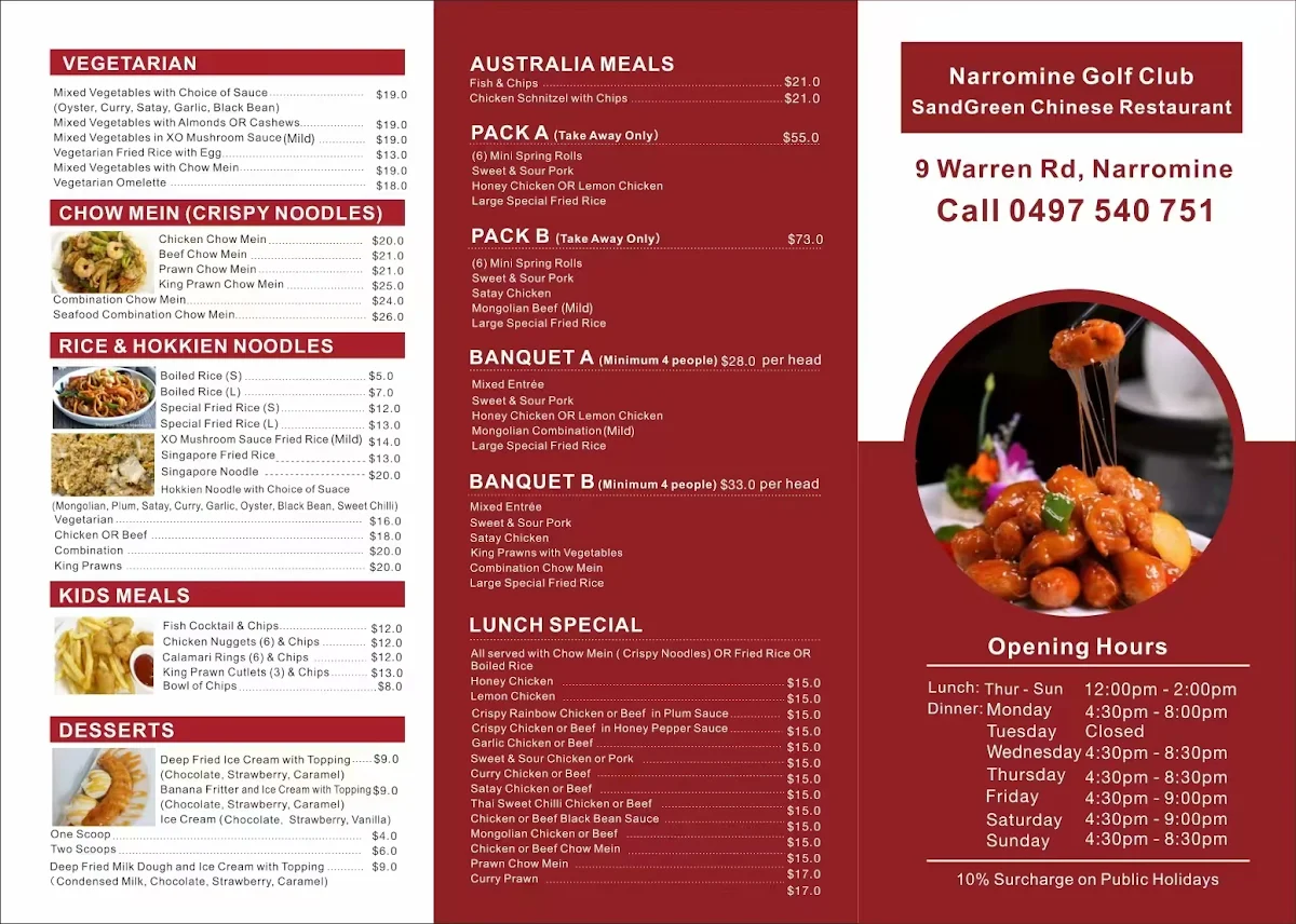 Menu, Sandgreen Restaurant