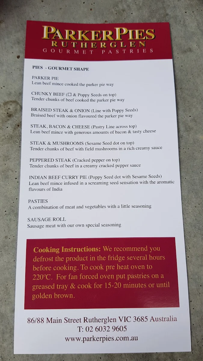 Menu, Parker Pies