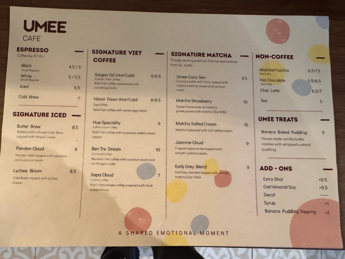 Menu, Umee Cafe