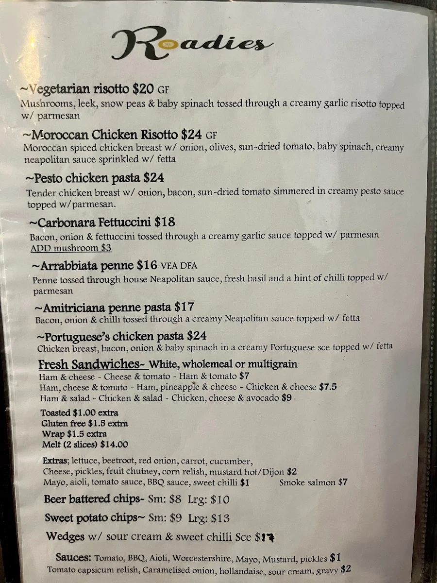 Menu, Roadies Cafe