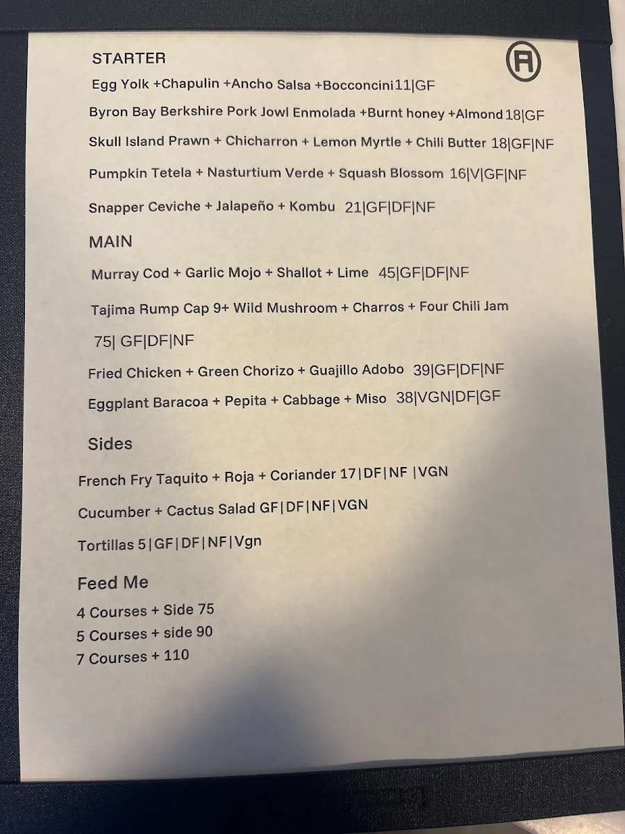 Menu, Arre Restaurant + Bar