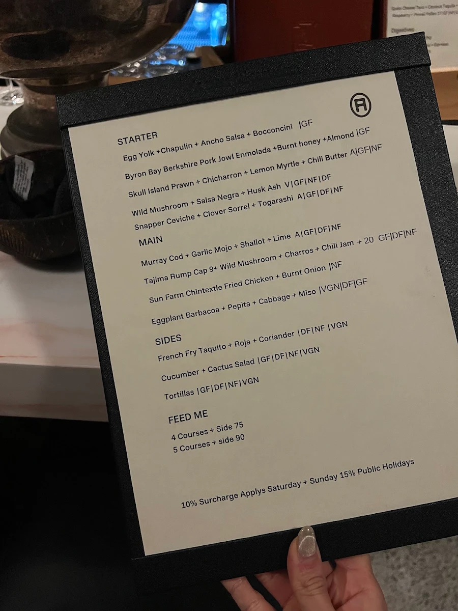 Menu, Arre Restaurant + Bar