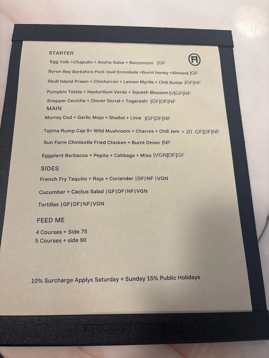 Menu, Arre Restaurant + Bar