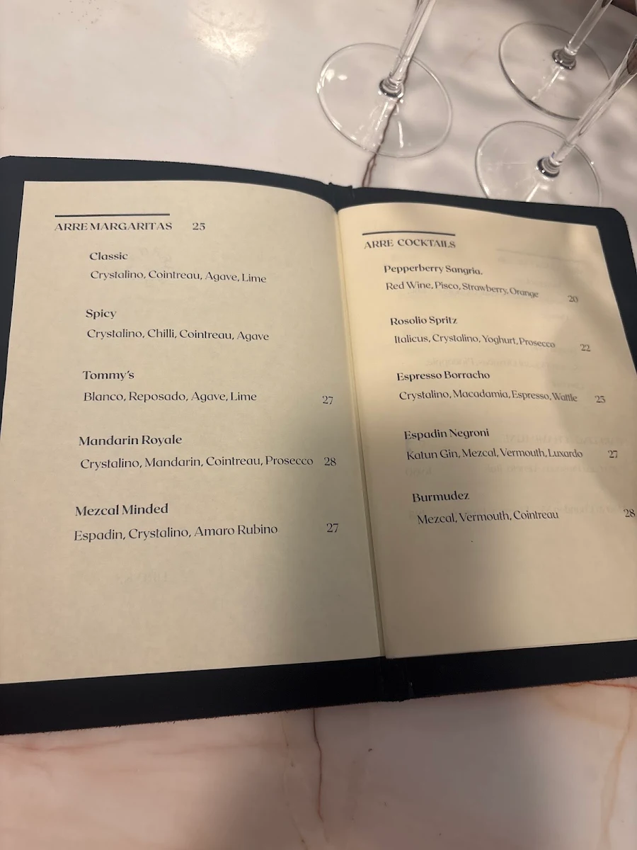 Menu, Arre Restaurant + Bar