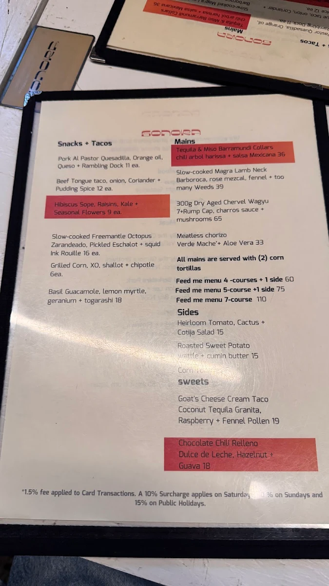 Menu, Arre Restaurant + Bar