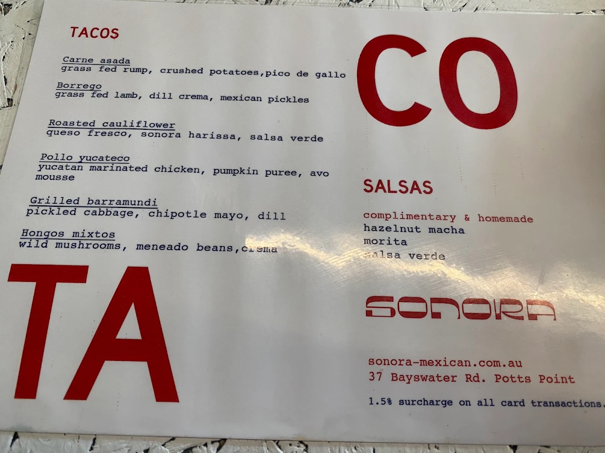 Menu, Arre Restaurant + Bar