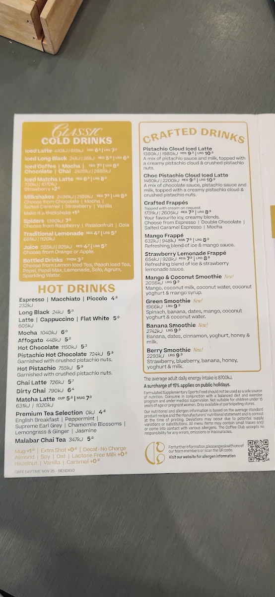 Menu, The Coffee Club Café - Bendigo