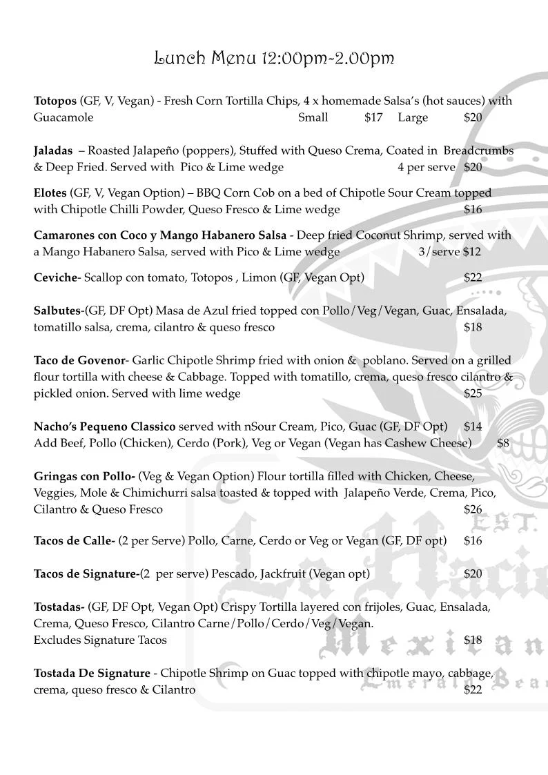 Menu, La Hacienda 101 Mexican Cantina
