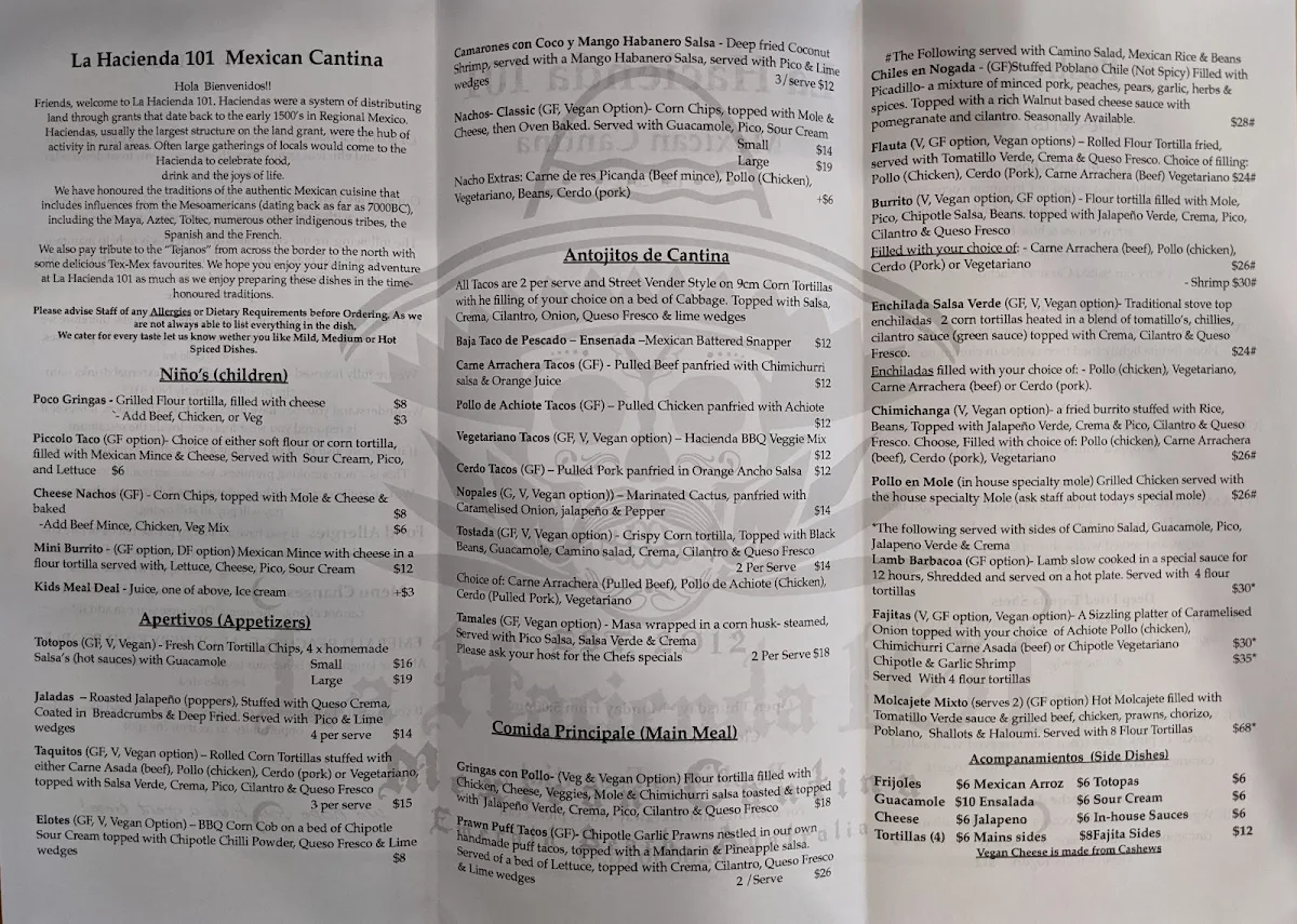 Menu, La Hacienda 101 Mexican Cantina