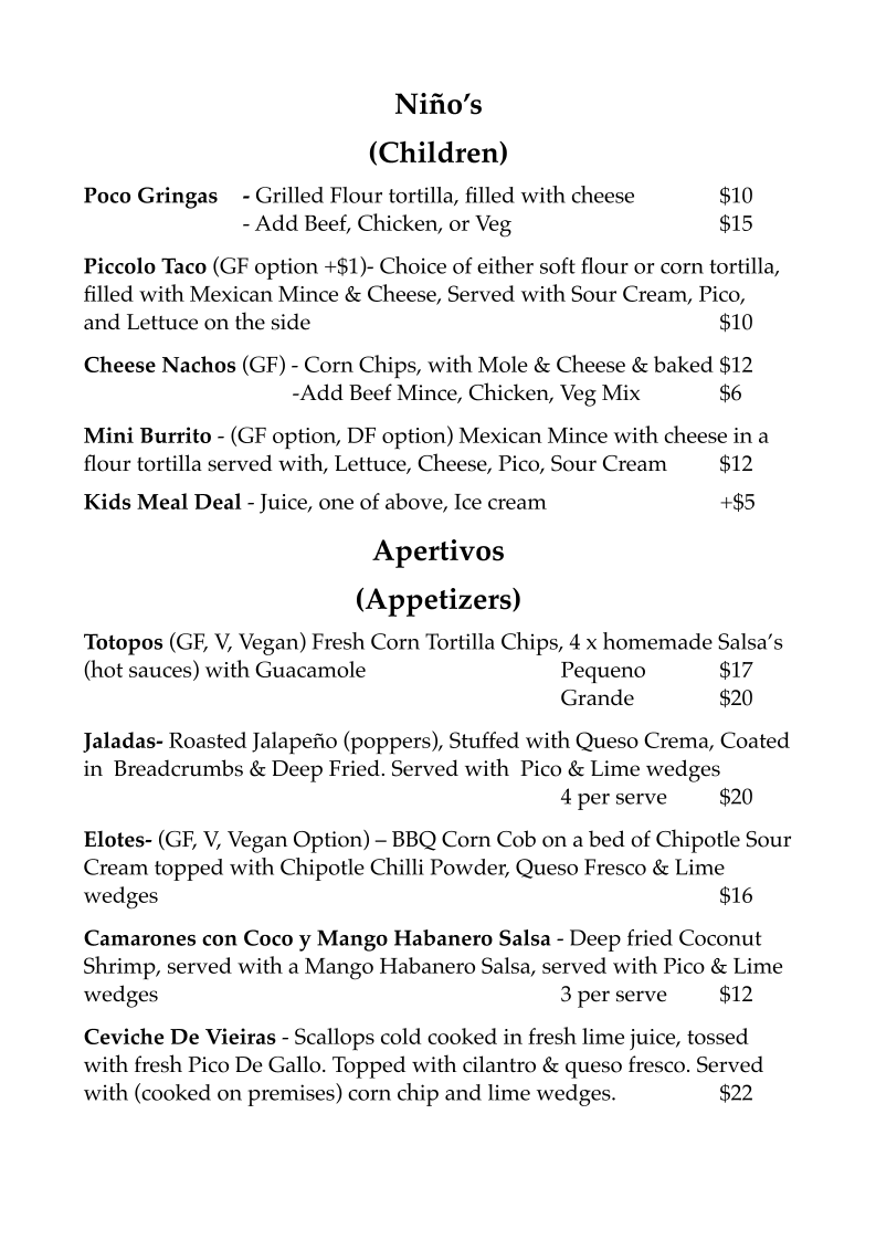 Menu, La Hacienda 101 Mexican Cantina