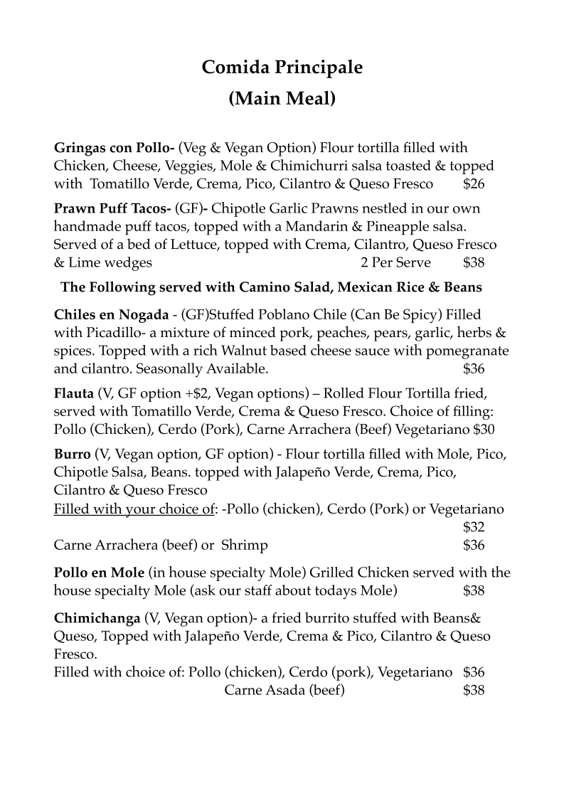 Menu, La Hacienda 101 Mexican Cantina