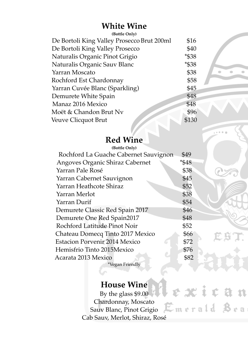 Menu, La Hacienda 101 Mexican Cantina