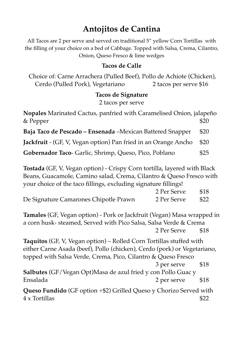 Menu, La Hacienda 101 Mexican Cantina